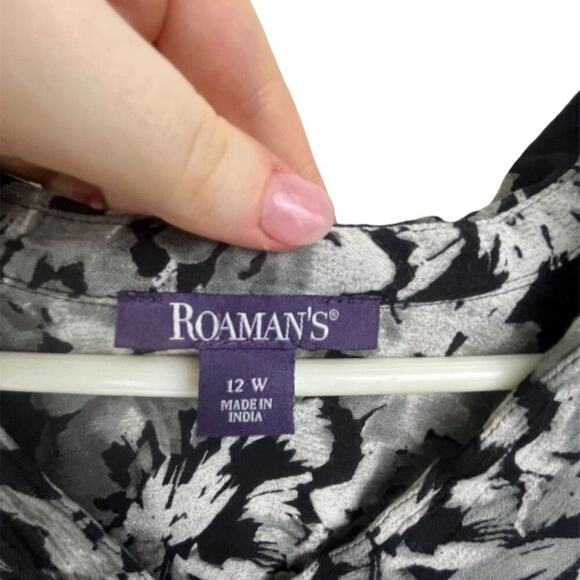 Roaman's Women's Plus Size 12W Black Floral V-Neck Blouse Long Sleeve - Picture 4 of 4